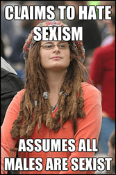 Kép: Hippi nő. Felirat: Claims to hate sexism; assumes all males are sexist.
