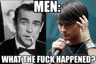 Kép: Férfi öltönyben, férfi frizurája. Felirat: Men, what the fuck happened?