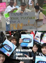 Felül: Férfi 'Trade in your Playstation for a PRAYstation!' táblával. Alul: Ázsiai emberek PS Vita táblákkal és 'We arready have Praystation!' felirattal